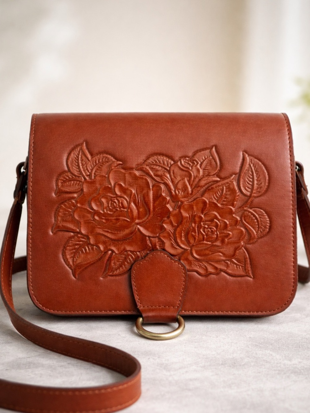 Patricia Nash Ilina Leather Tooled Handbag Tan Brown Crossbody New